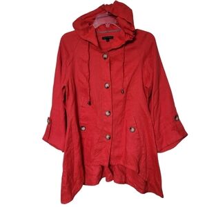 For Cynthia Red Linen Lagenlook Boho Drawstring Hooded Button Down Jacket Size S